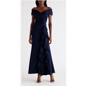 Xscape Evenings Midnight Ruffle Off Shoulder Scuba Knit Gown Sz 12